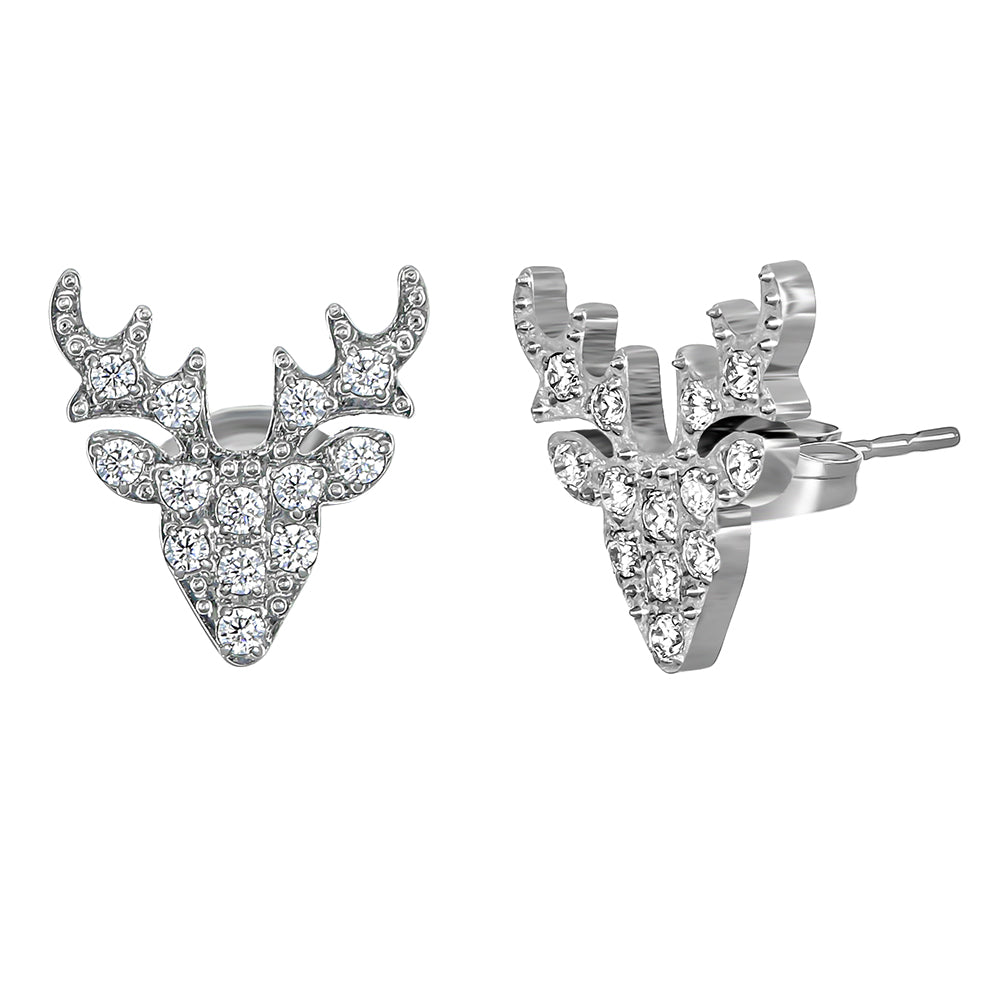 Edelstahl-Ohrstecker in Hirschkopf-Form mit funkelnden weißen Kristallen von Crystalp