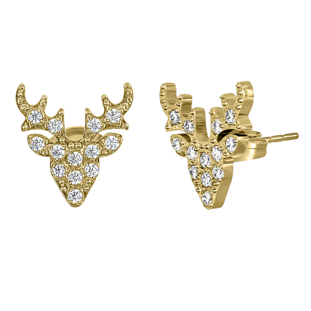 Goldene Edelstahl-Ohrstecker in Hirschkopf-Form mit funkelnden weißen Kristallen von Crystalp