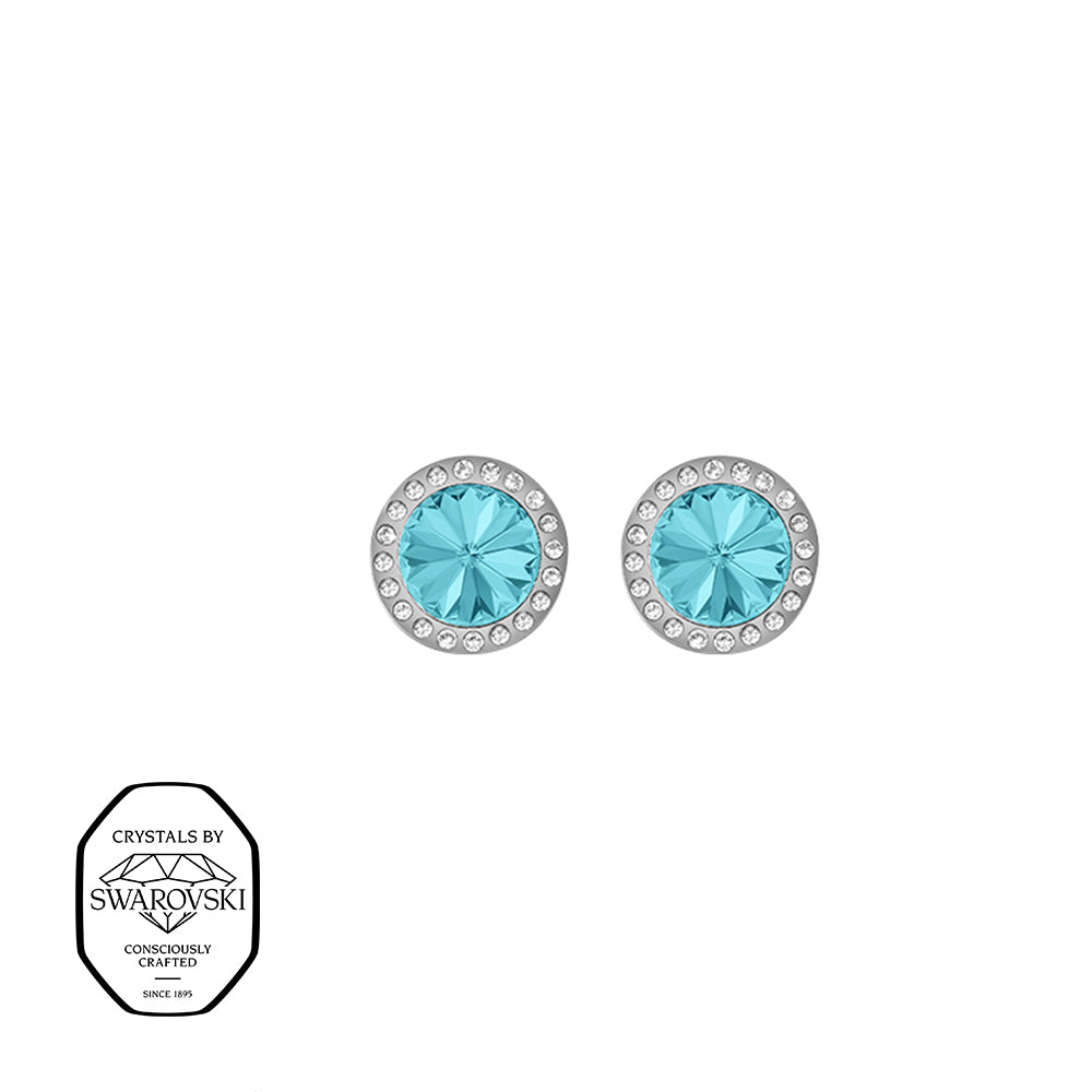 Silberne Ohrstecker mit hellblauem Swarovski® Kristall und funkelndem Kristallrahmen.