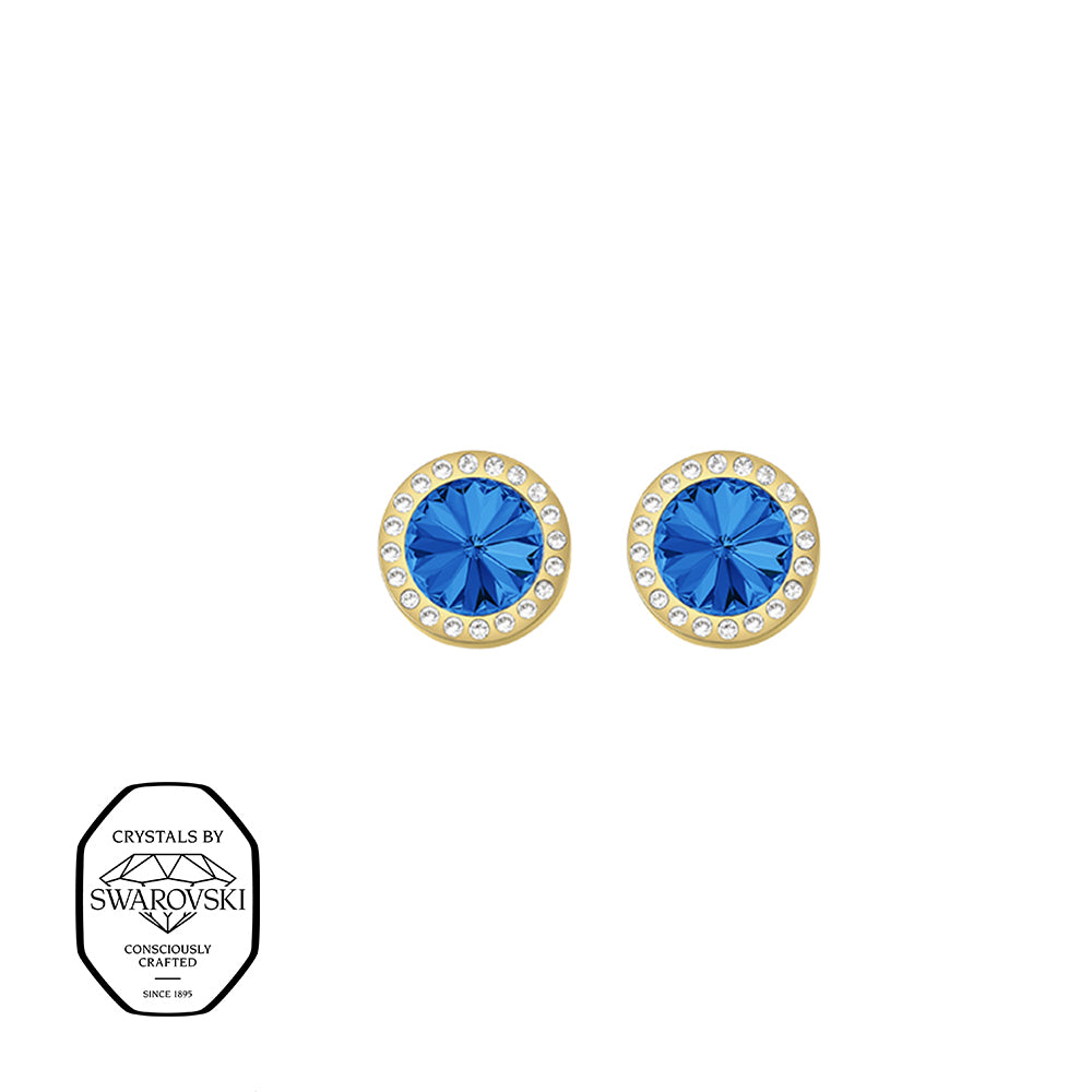 Runde goldene Ohrstecker mit saphirblauem Swarovski® und funkelndem Kristallrahmen.