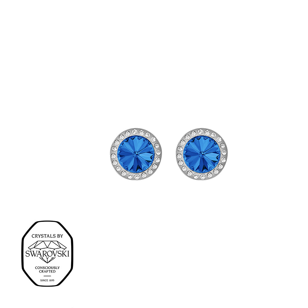 Silberne Ohrstecker mit blauen Swarovski® Kristallen und funkelndem Kristallrahmen.