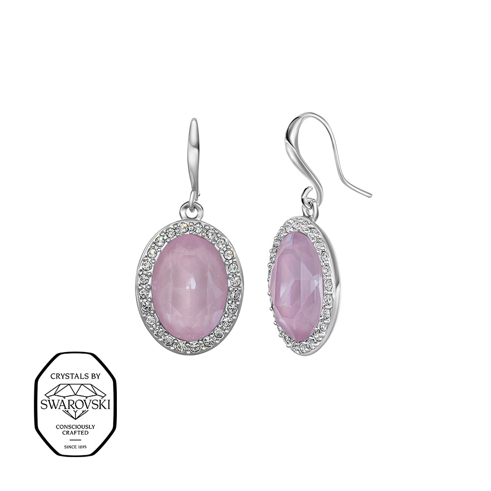 Silberne Ohrringe mit ovalem, rosafarbenem Kristall und funkelndem Zirkonia-Rahmen – zartes, elegantes Designschmuckstück von Crystalp