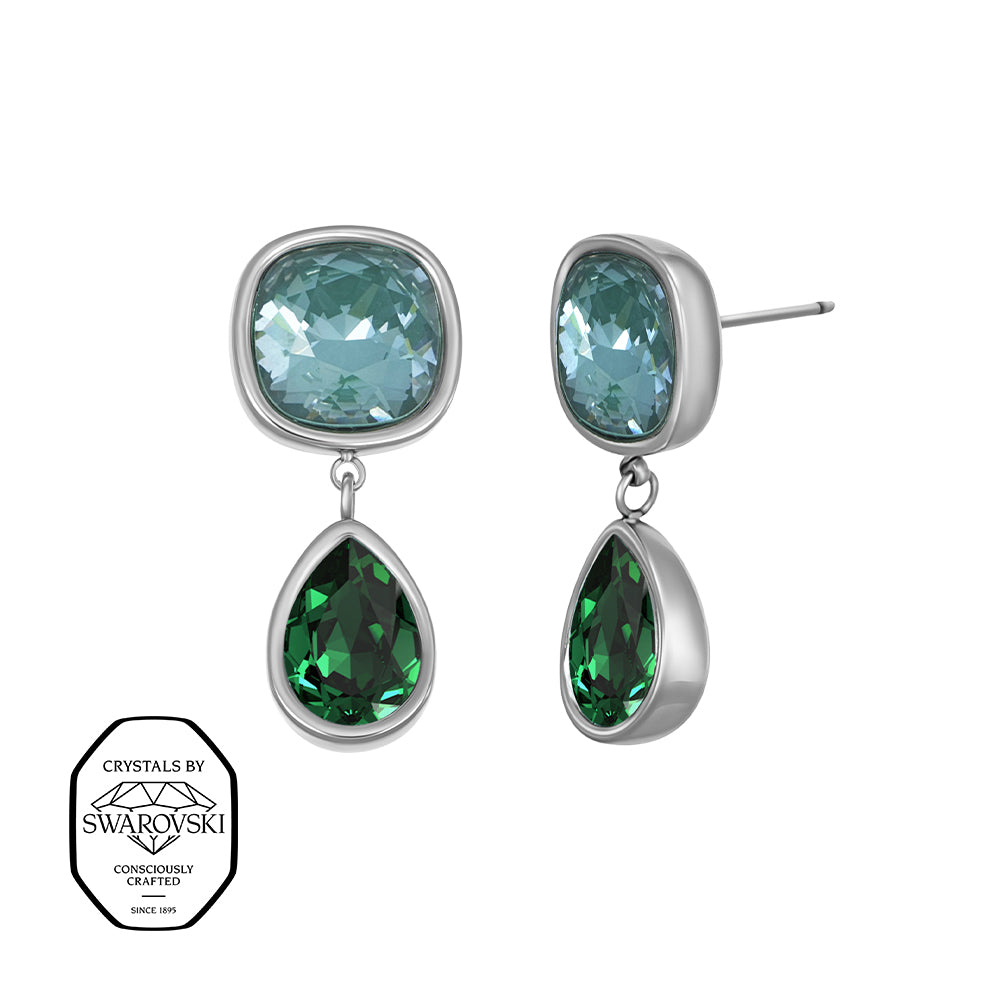 Silberne Ohrringe mit blauem quadratischem Stein und grünem Tropfenanhänger, mit Swarovski® Kristallen verziert.