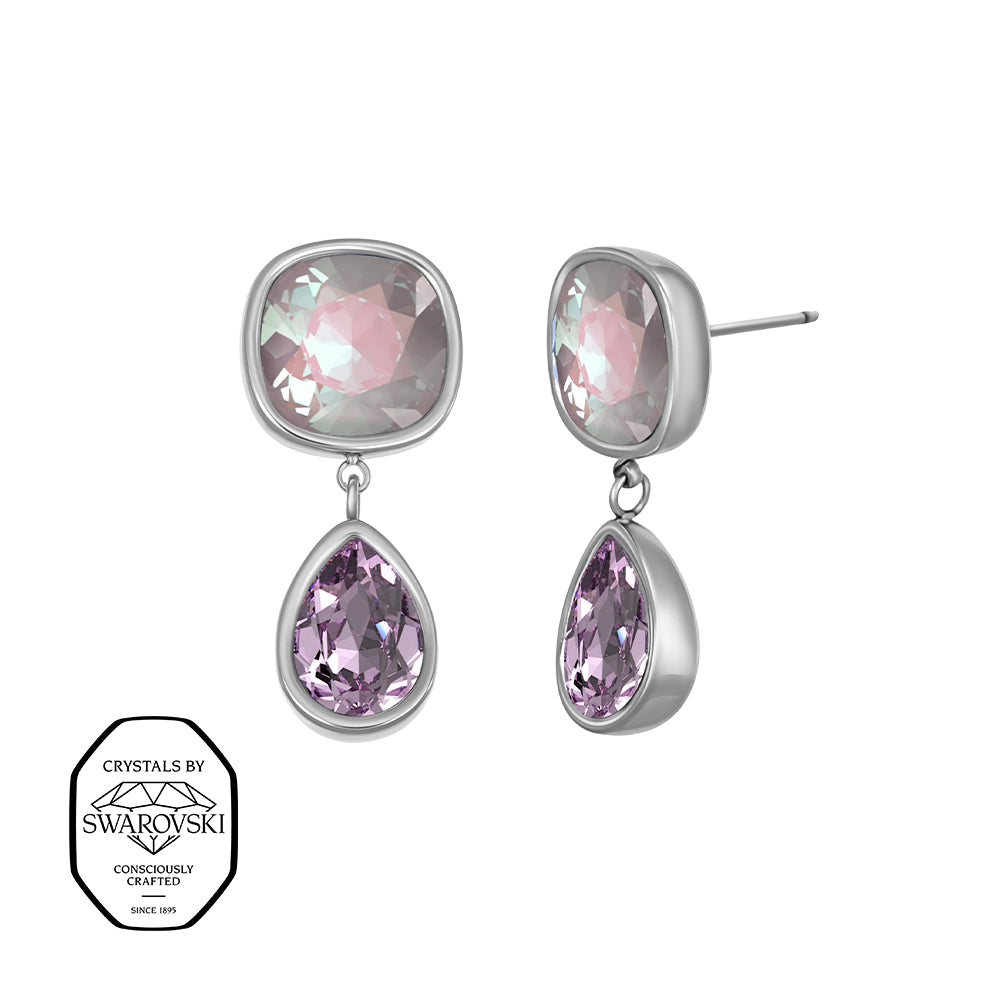 Silberne Ohrstecker mit quadratischem Kristall in schimmerndem Rosé und darunter tropfenförmigem Kristall in zartem Lila – elegantes Crystalp-Design