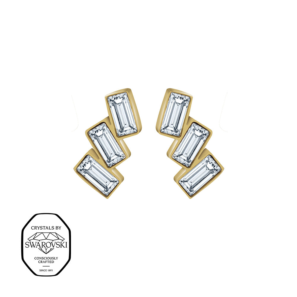 Goldene Ohrstecker mit fünf rechteckigen Steinen im Bogen, mit Swarovski® Kristallen verziert.