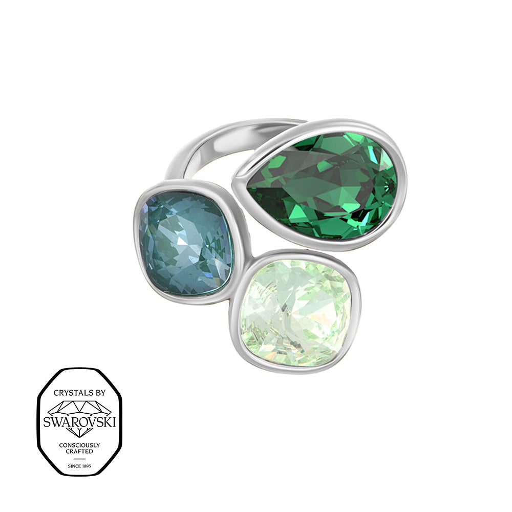 Silberner Ring mit grünen, blauen und hellgrünen Steinen in verschiedenen Formen, mit Swarovski® Kristallen verziert.