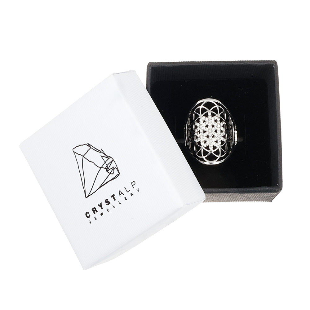 Flower of Life Ring in der Crystalp Schmuckverpackung