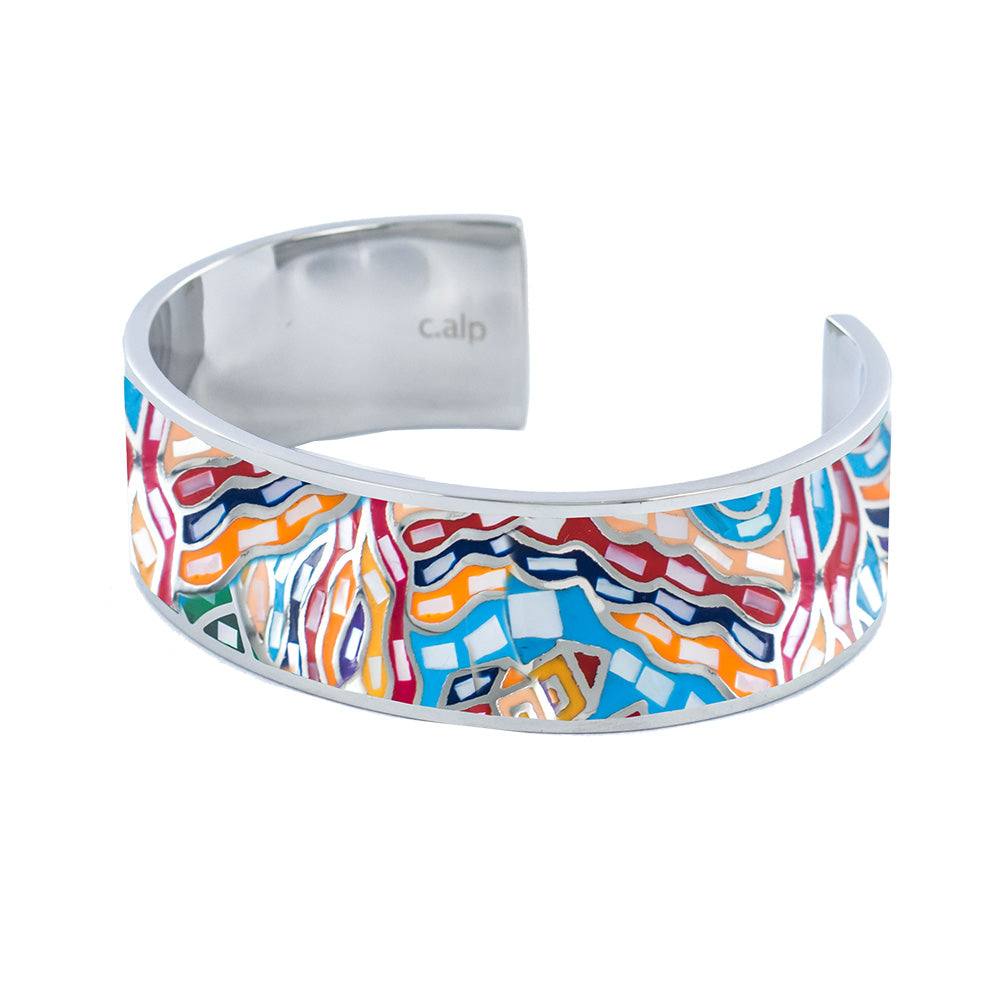 Breiter Armreif aus Edelstahl mit rotem Mosaik-Design – moderner hochwertiger Modeschmuck von Crystalp