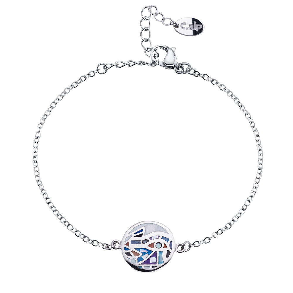 Silberfarbenes Damen-Armband mit rundem Ornament in Blau- und Lilatönen, eleganter Modeschmuck von Crystalp