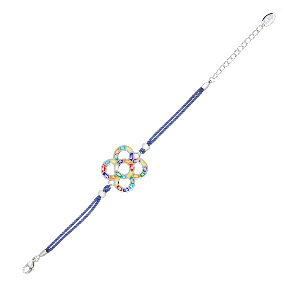 Blaues Textilarmband mit bunter Blumenform aus Edelstahl, Marke Crystalp