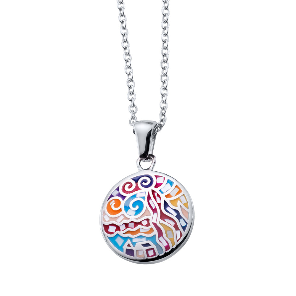 Crystalp Halskette mit rundem Anhänger, gestaltet in einem farbenfrohen Wellen- und Linienmuster in Rot-, Orange-, Blau- und Gelbtönen.