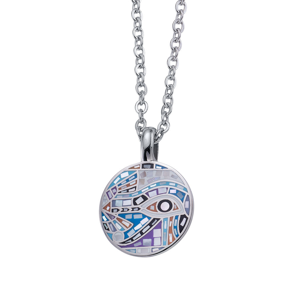 Silberfarbene Halskette mit rundem Mosaik-Anhänger im Auge-von-Horus-Design in Blau- und Lilatönen von Crystalp.