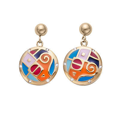 Ohrhänger rund vergoldet mit buntem Mosaik in Orange, Rot, Blau und Rosa – eleganter Modeschmuck mit Kristall-Details