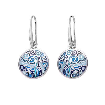 Ohrhänger rund silberfarben mit Baum-des-Lebens-Mosaik in Blau und Weiß – eleganter Modeschmuck