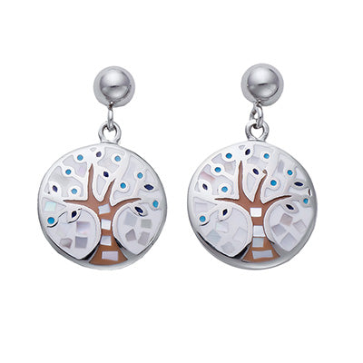 Crystalp Ohrhänger rund silberfarben mit Baum-des-Lebens-Mosaik in Weiß und Blau – eleganter Modeschmuck