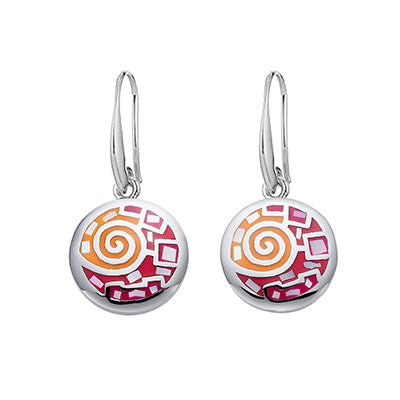 Ohrhänger rund silberfarben mit rotem und orangem Spiral-Mosaik – moderner Modeschmuck