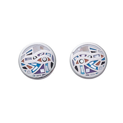 Ohrstecker rund silberfarben mit abstraktem Mosaik-Design in Blau, Lila und Weiß – moderner Modeschmuck