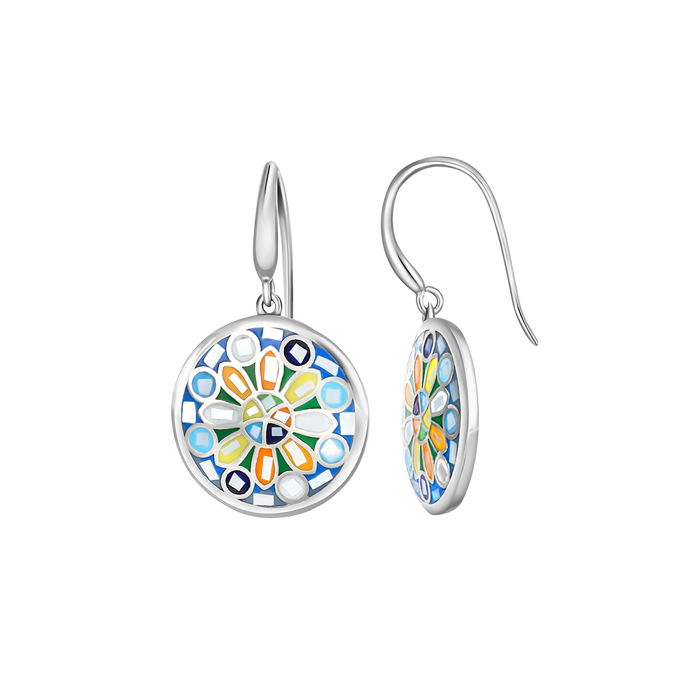Ohrringe rund silberfarben mit blau-grünem Mosaik-Design – eleganter Modeschmuck