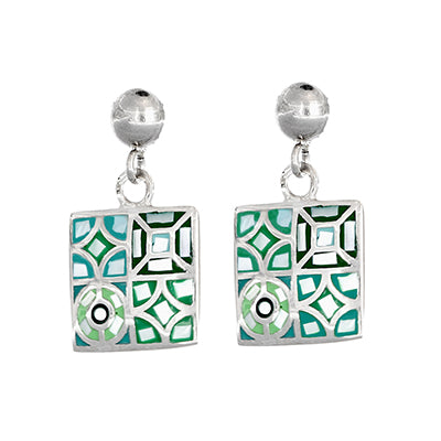 Ohrhänger quadratisch silberfarben mit grün-blauem geometrischem Mosaik-Design – moderner Modeschmuck