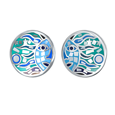 Ohrstecker rund silberfarben mit blau-grünem Mosaik-Design und künstlerischem Gesichtsmotiv – eleganter Modeschmuck