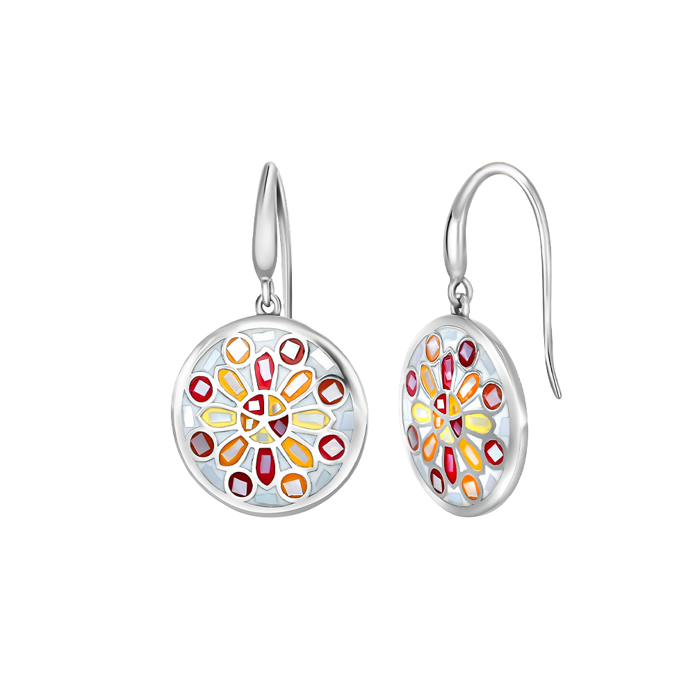 Ohrringe rund silberfarben mit rotem, orange-gelbem Mosaik-Design – eleganter Modeschmuck