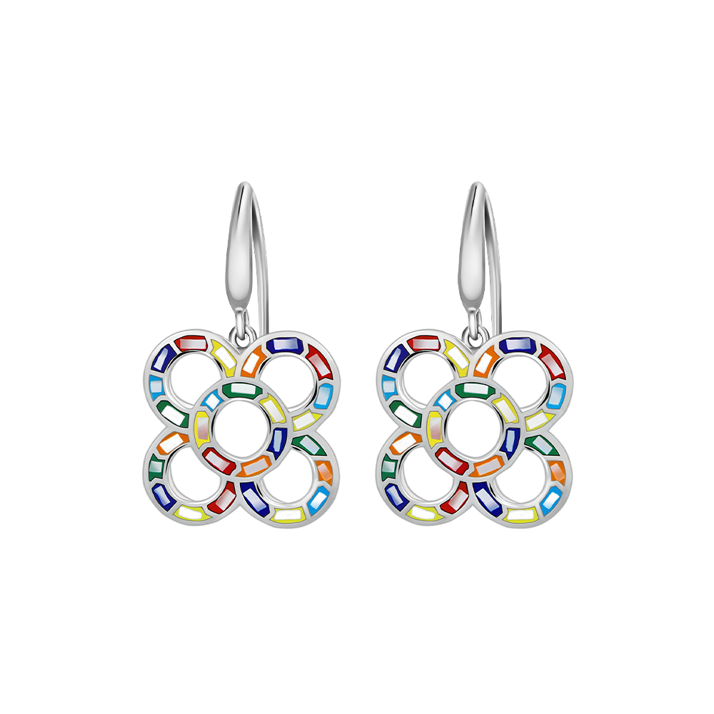 Ohrringe silberfarben mit buntem Kreis-Mosaik in Regenbogenfarben – moderner Modeschmuck