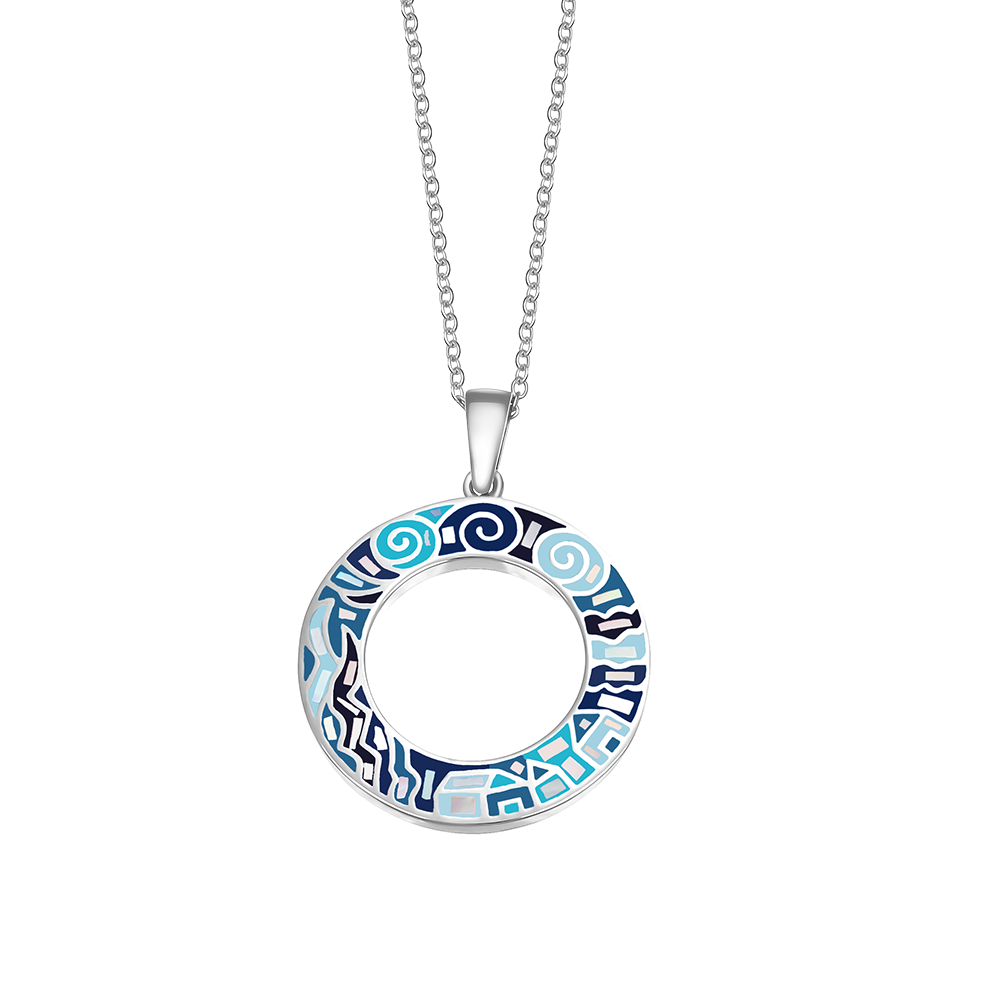 Silberfarbene Halskette mit rundem, offenem Anhänger und blauem Mosaikmuster von Crystalp