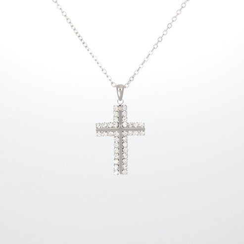 Silbernes Kreuzanhänger-Design, aus Edelstahl gefertigt und mit Swarovski® Kristallen verziert.