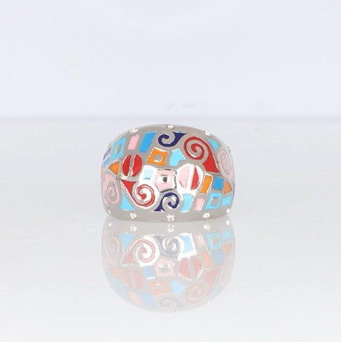 Silberfarbener Statement-Ring mit buntem Emaille-Mosaik und Zirkonia-Akzenten, auffälliger Damenring von Crystalp
