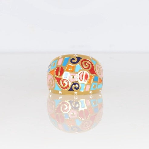 Vergoldeter Statement-Ring mit buntem Emaille-Mosaik und Zirkonia-Akzenten, auffälliger Damenring von Crystalp
