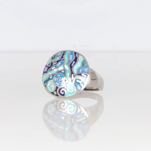 Silberner Ring mit rundem blauen Mosaik-Design, kunstvoller Schmuck von Crystalp