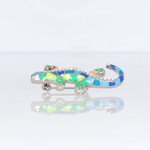 Farbenfrohe Eidechsen-Brosche mit Mosaik-Emaille und funkelnden Kristallen