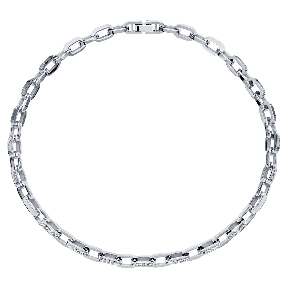 Silberfarbene Gliederkette mit rechteckigen, polierten Kettengliedern, teilweise besetzt mit kleinen, funkelnden Steinen, in modernem, eleganten Design