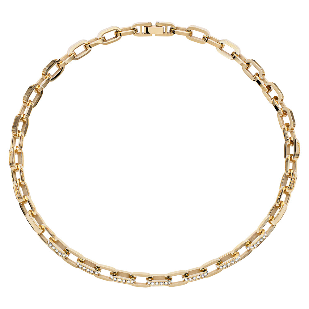 Goldfarbene Gliederkette mit rechteckigen, polierten Kettengliedern, teilweise besetzt mit kleinen, funkelnden Steinen, in modernem, eleganten Design