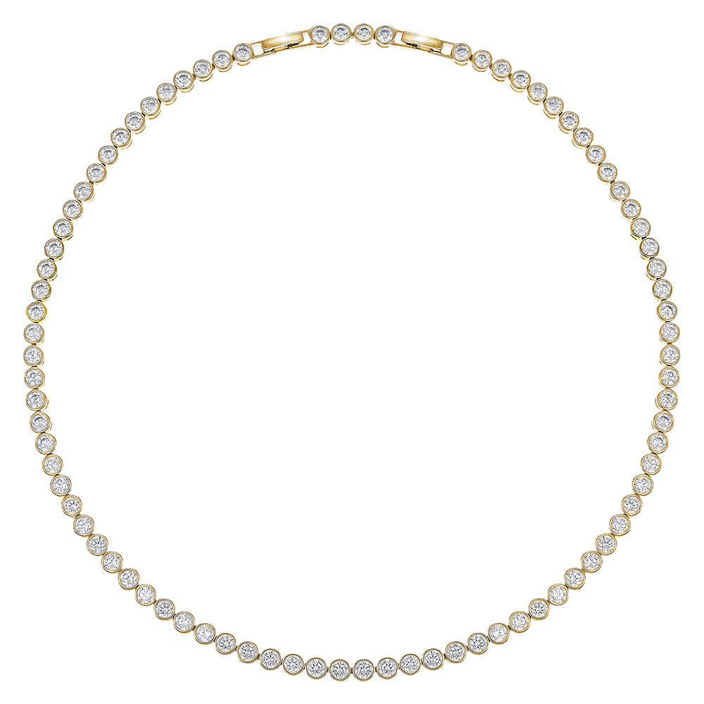 Elegantes Tennis-Collier in Gold mit runden, klaren Kristallen in Krappenfassung, klassisches und luxuriöses Design.