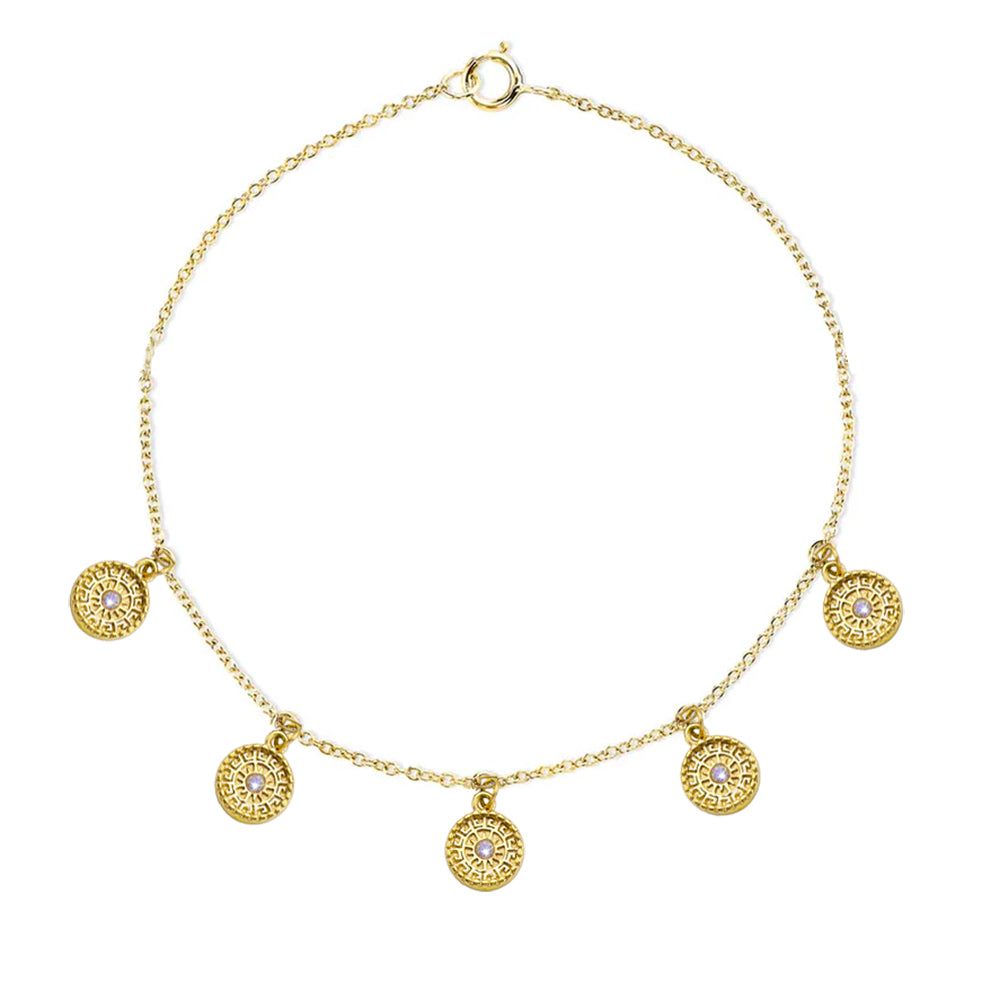 Vergoldetes Damenarmband mit runden filigranen Anhängern und funkelnden Zirkonia-Steinen.