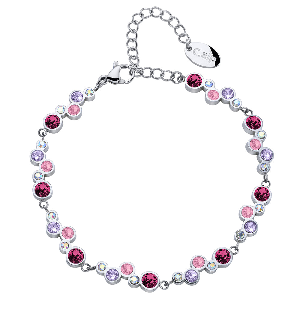 Silberfarbenes Armband mit pinken und violetten Kristallen von Crystalp.