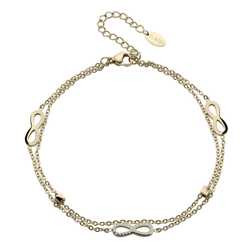 Goldfarbenes Armband mit Unendlichkeitssymbolen und Kristallen von Crystalp.