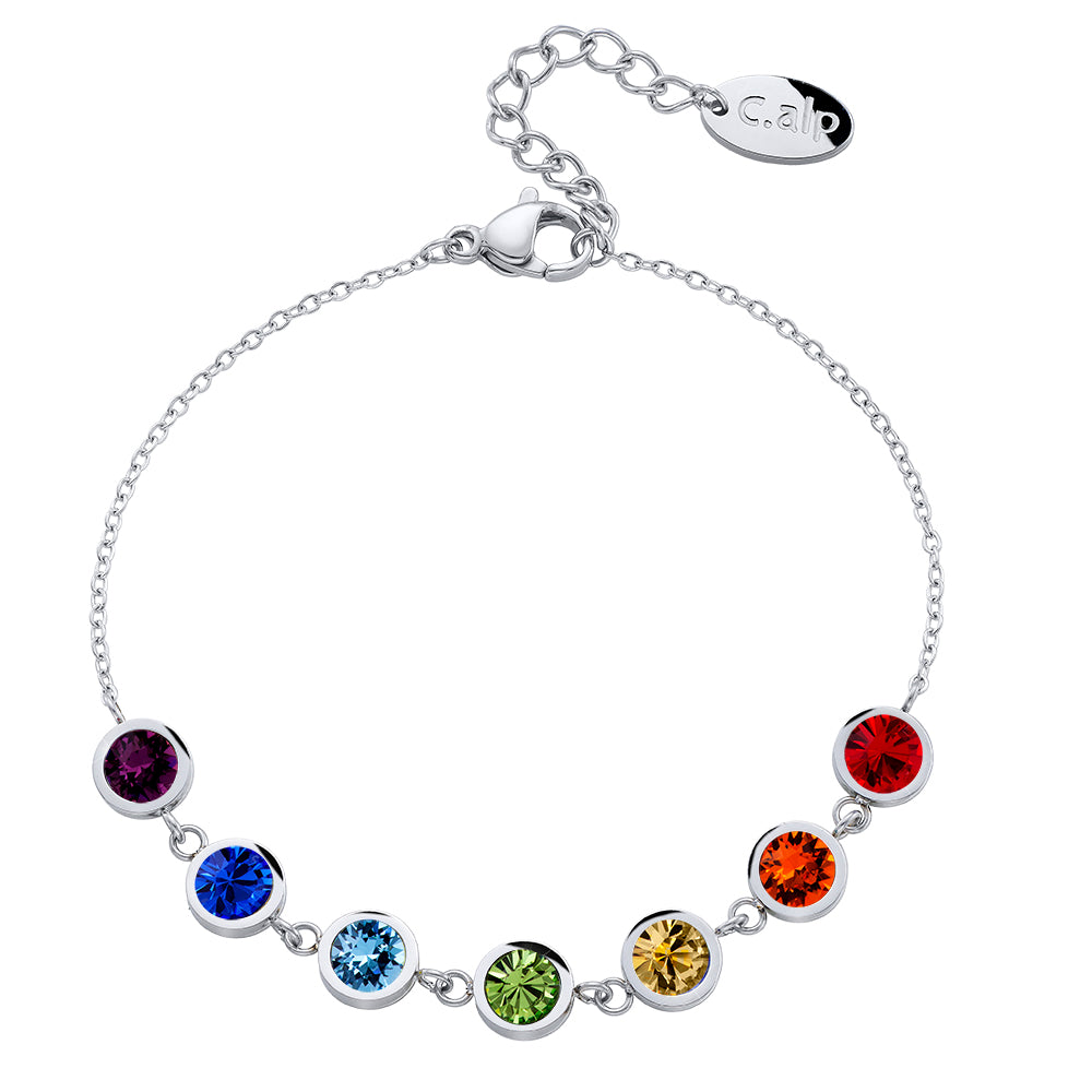 Silberfarbenes Armband mit sieben runden Kristallen in Regenbogenfarben von Crystalp.