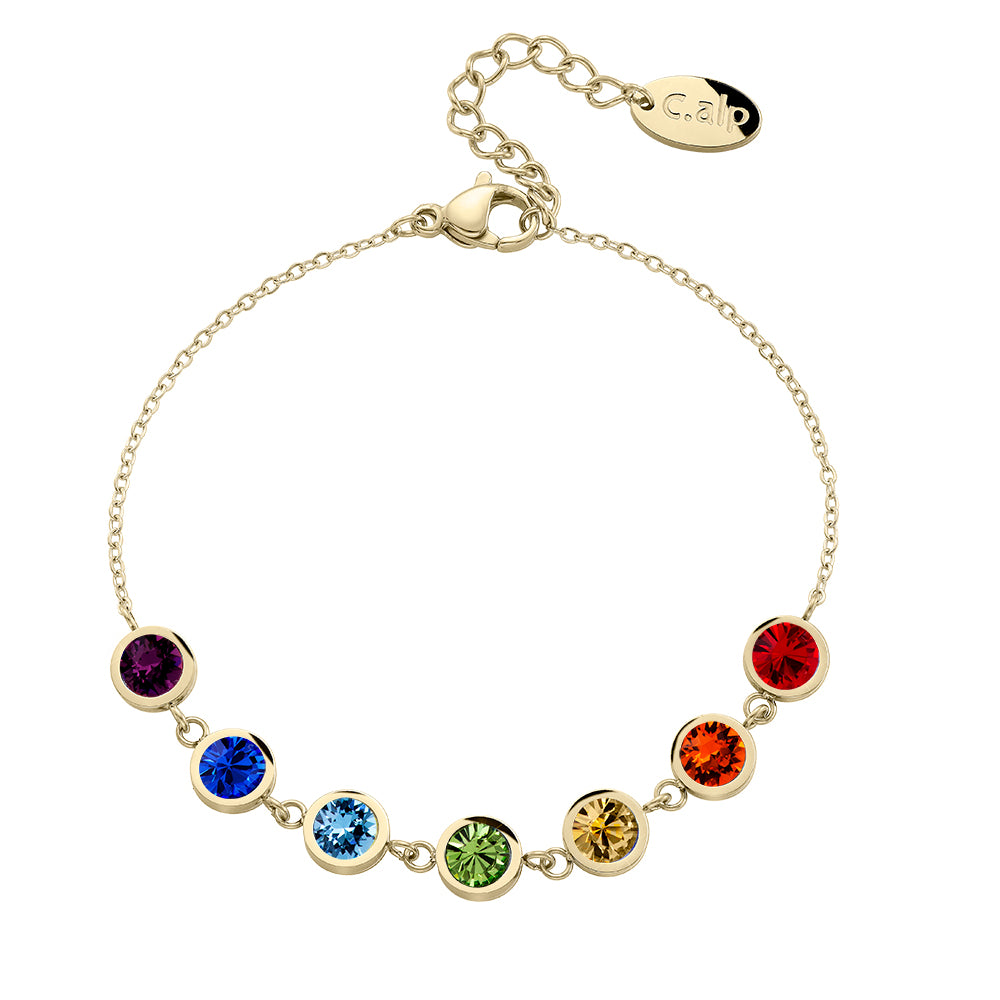 Vergoldetes Armband mit sieben runden Kristallen in Regenbogenfarben von Crystalp.
