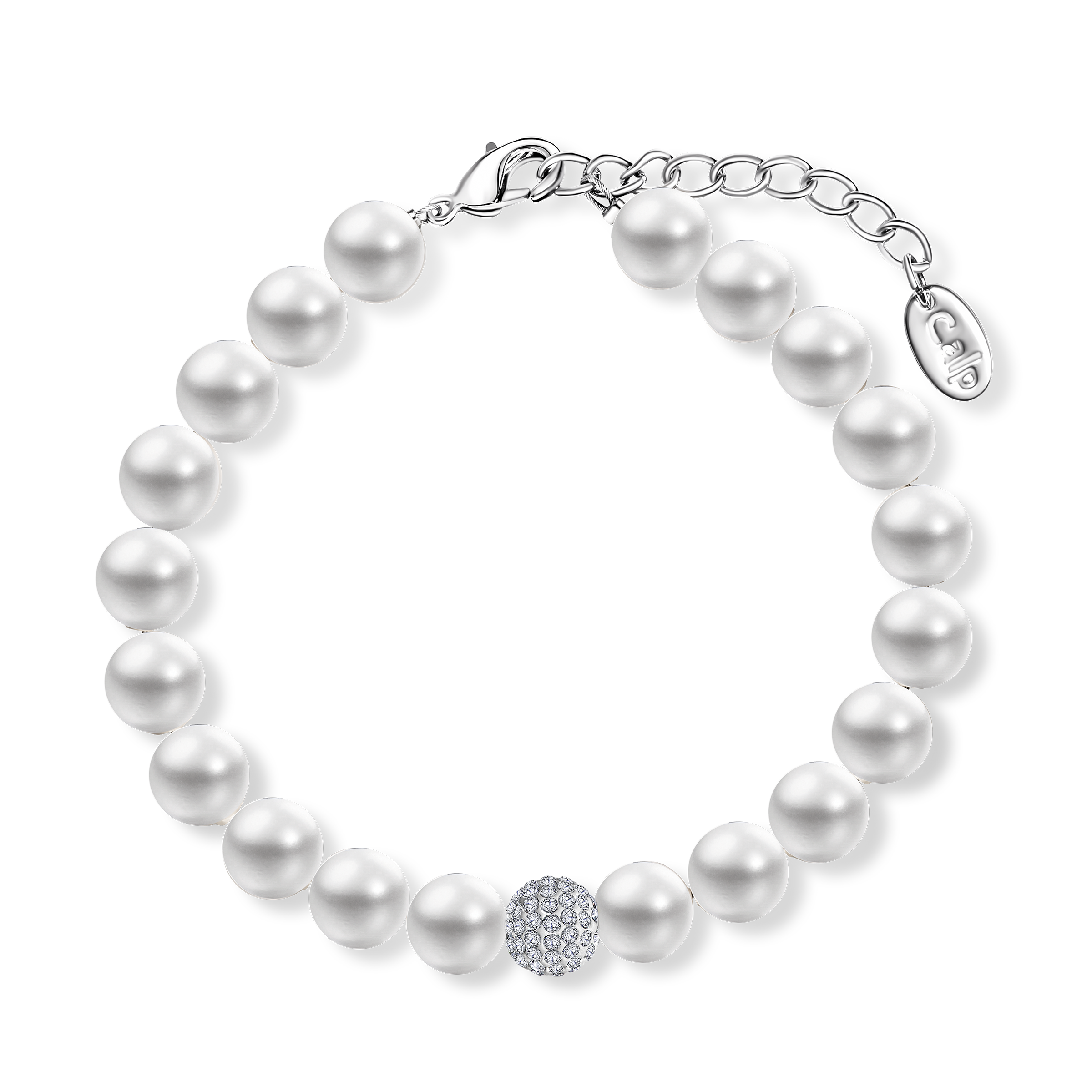 Elegantes Perlenarmband mit funkelnder Kristallkugel und silbernem Verschluss von Crystalp