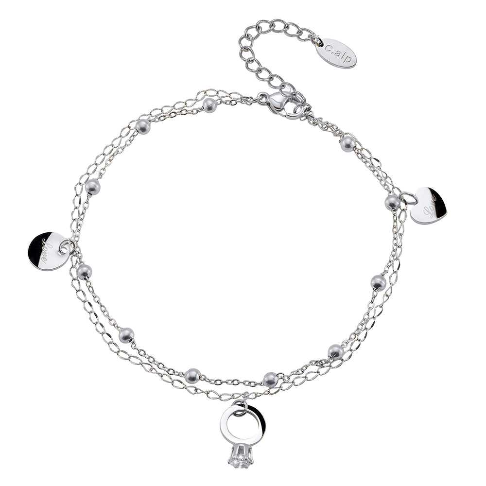 Elegantes silberfarbenes Fußkettchen mit Herz-Anhängern, Perlendetails und Kristall-Charms von Crystalp