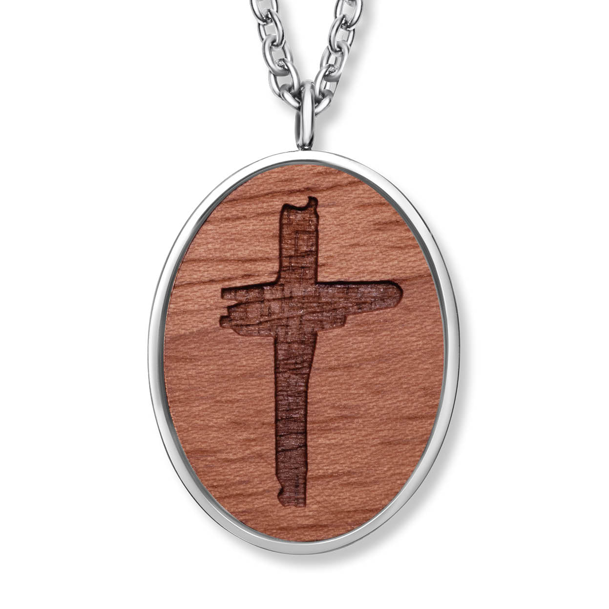 Silber Halskette mit ovalem Holzanhänger und Kreuz-Motiv von Crystalp
