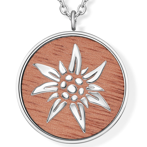 Silber Halskette mit rundem Holzanhänger und Edelweiß-Motiv von Crystalp