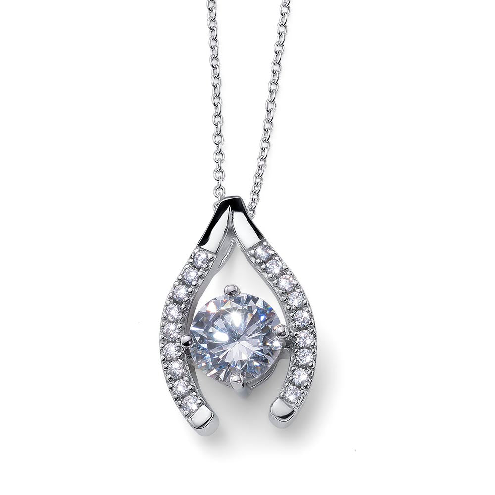 Silberne Halskette mit funkelndem Kristall-Solitär in geschwungenem Anhänger von Crystalp