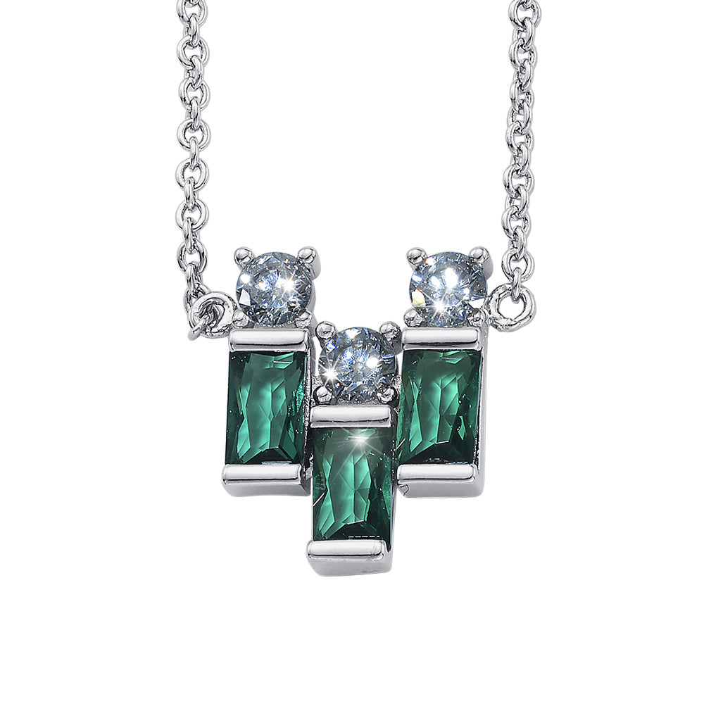 Eleganter silberfarbener Anhänger mit drei rechteckigen, grünen Kristallen und drei runden, klaren Kristallen – von Crystalp.
