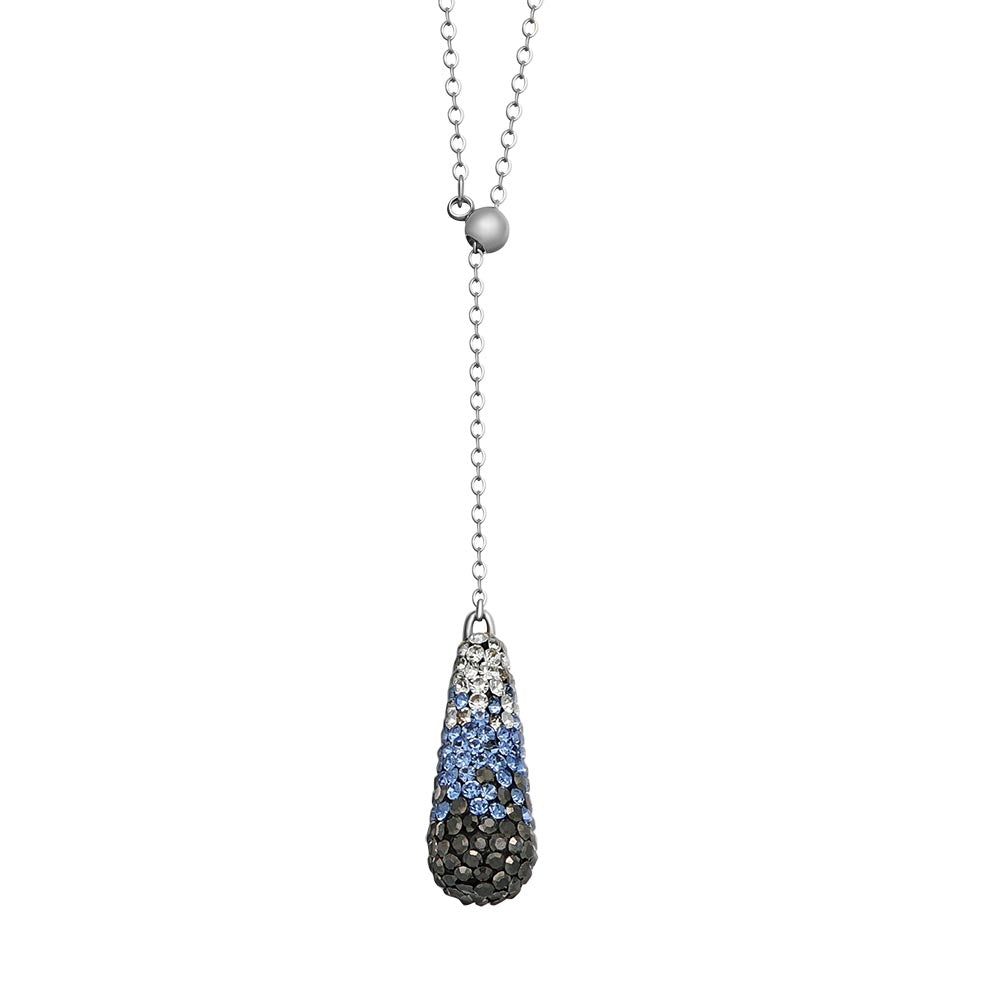Crystalp Halskette mit silberfarbener Kette und tropfenförmigem Anhänger, besetzt mit Kristallen in Schwarz, Blau und Weiß, im Farbverlauf angeordnet.