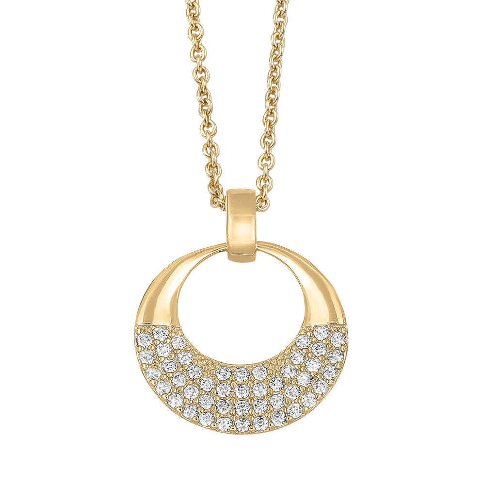 Goldfarbene Halskette mit rundem Anhänger, untere Hälfte besetzt mit klaren Kristallen, von Crystalp.