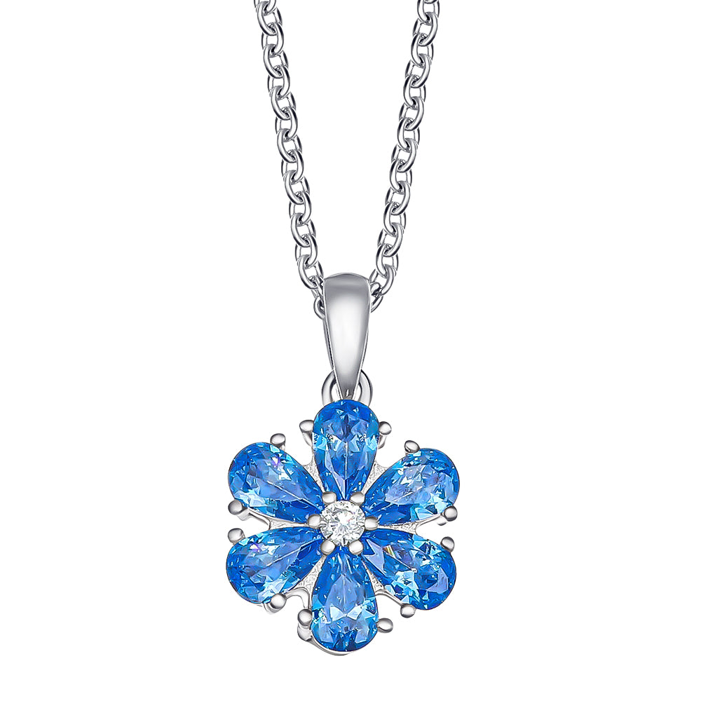 Silberne Halskette mit blumenförmigem Anhänger aus sechs blauen tropfenförmigen Kristallen und kleinem klaren Mittelstein, facettiert, Marke Crystalp
