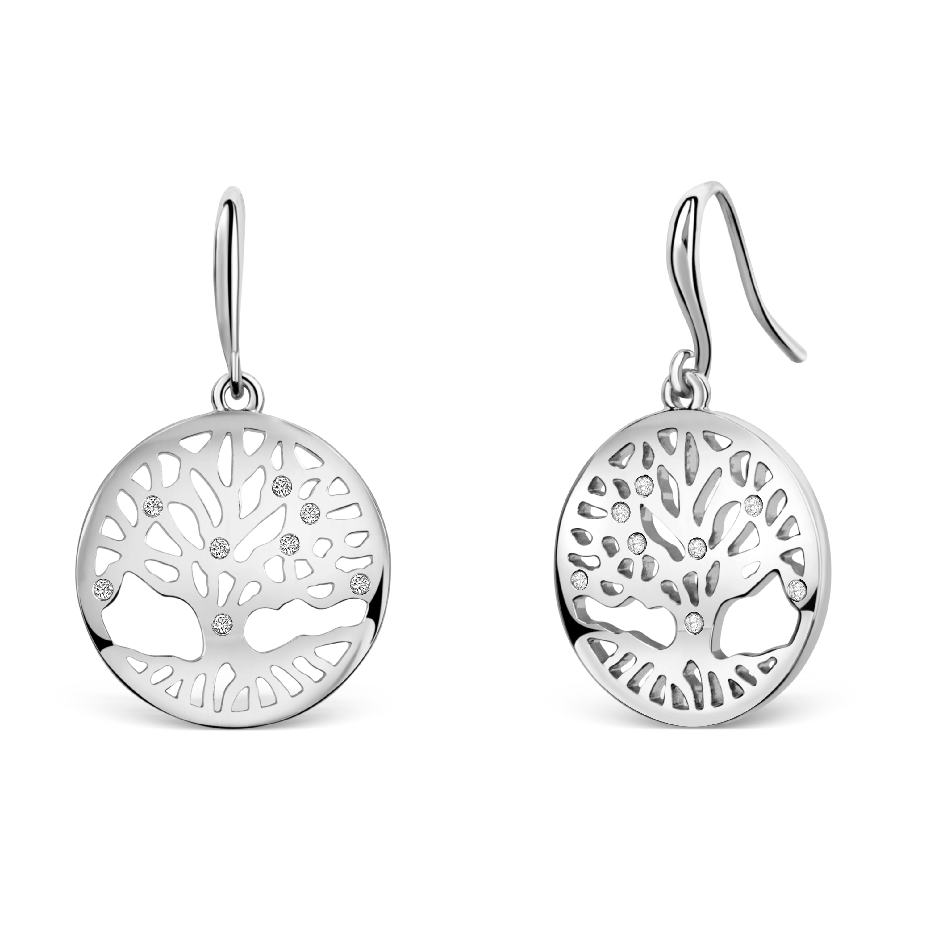 Silber Ohrringe mit runden Lebensbaum-Anhängern und funkelnden Kristallen von Crystalp